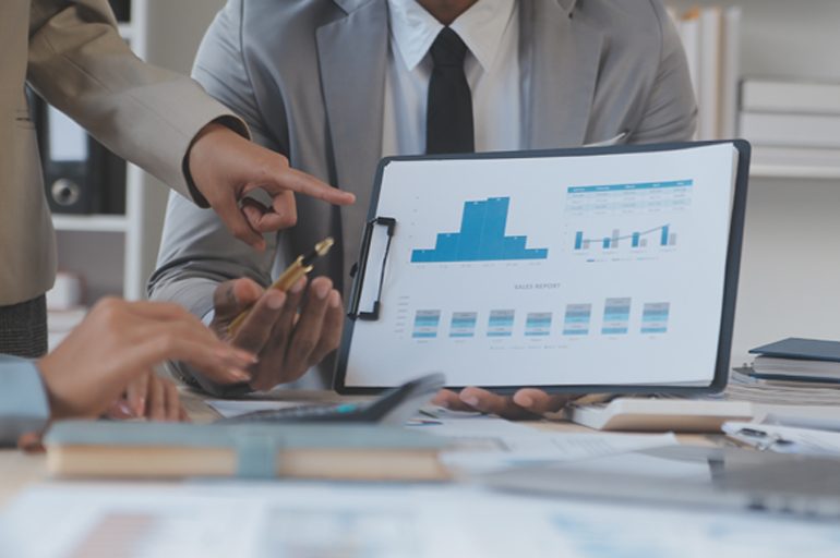 Finance manager meeting discussing company growth project success financial statistics, professional investor working start up project for strategy plan with document, laptop and digital tablet.